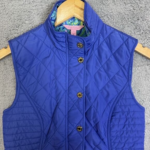 Lilly Pulitzer Vest Womens XS Blue Quilted Puffer Colorful Printed Inside Lining - Picture 2 of 8